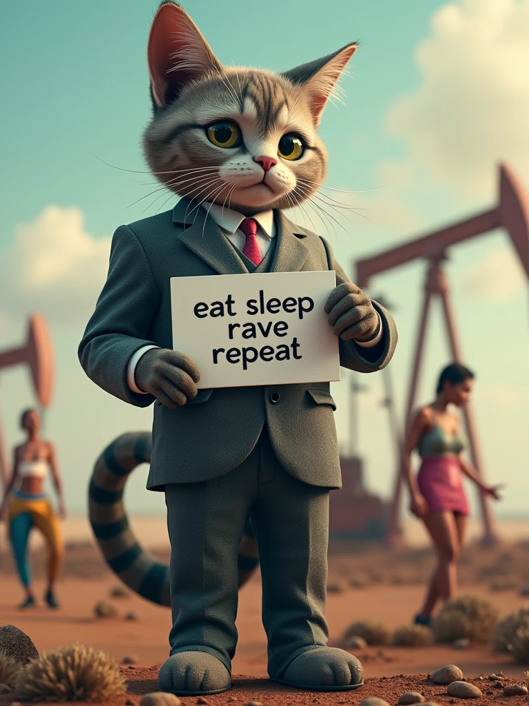 A life size human cat wearing a grey suit, pants and jacket, holding a sign that says "eat sleep rave repeat", pumpjacks in the background, highly detailed, 8k, photorealistic, cinematic lighting, vibrant colors, epic, whimsical, trending on artstation, studio quality, backgrond is hot girls, focused, 3d