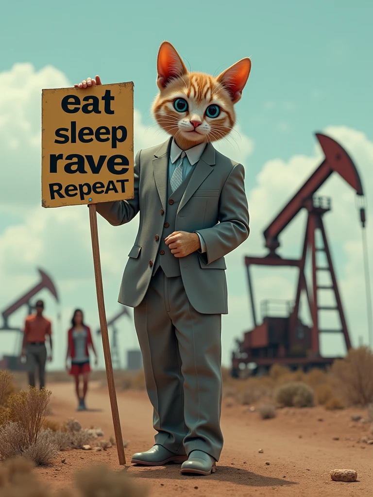 A life size human cat wearing a grey suit, pants and jacket, holding a sign that says "eat sleep rave repeat", pumpjacks in the background, highly detailed, 8k, photorealistic, cinematic lighting, vibrant colors, epic, whimsical, trending on artstation, studio quality, backgrond is hot girls, focused, 3d