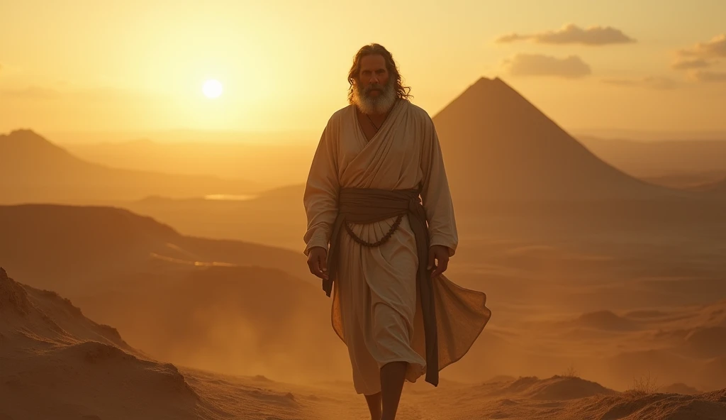 Create a hyper-realistic and mysterious image of Solomon walking through a field at dawn, with mounds of gold and silver visible in the distance, but his focus is on a book of wisdom he carries with him. The scenery must be vast, with gentle hills and a golden dawn light illuminating the horizon. Solomon's expression should reflect determination and focus, suggesting that, despite the riches around him, It is wisdom that guides your steps and your decisions. The scene should convey the idea that true prosperity comes from choices based on wisdom., not in momentary impulses.