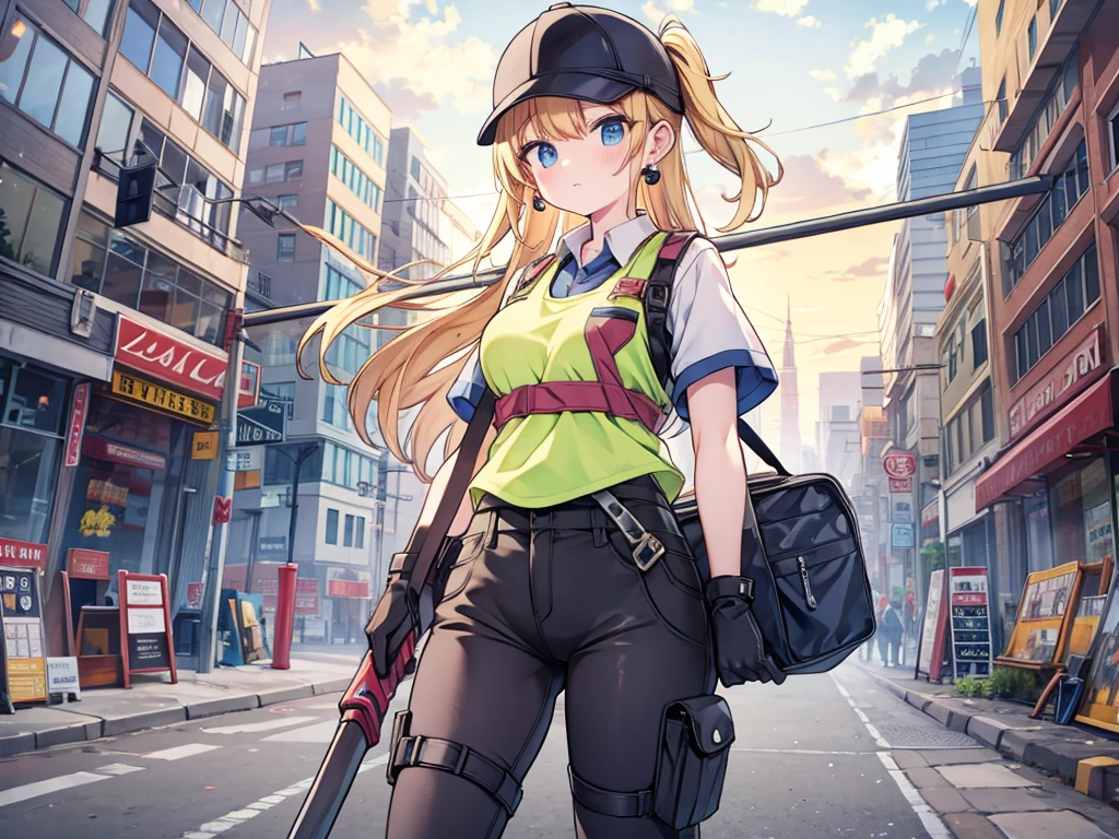 best quality,ultra detailed,
In the city,Road construction,Excavator,
full body,holding a Pickaxe,Digging the ground,1 Construction worker girl,babyfablonde hair,shot hair,messy hair,,hair ribbon,earrings,medium breast,Work clothes,Safety vest,long pants,boots,gloves,helmet,Sweating profusely,Wipe away sweat with a towel,