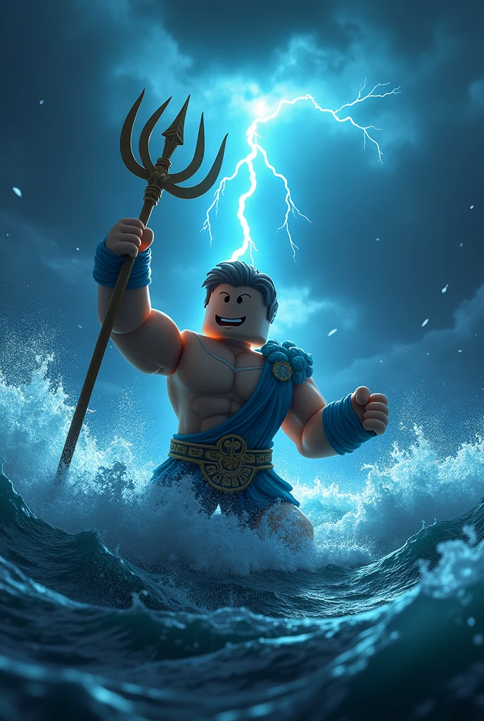 Posidon with his trident fighting a strom at night as a roblox character and hide his nipples ( add text saying “gods of rng” in the background)