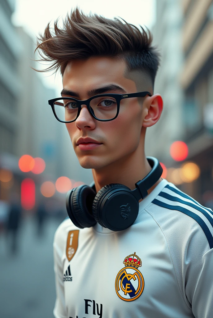 Young man with hairstyle wearing a Real Madrid shirt , glasses and headphones on