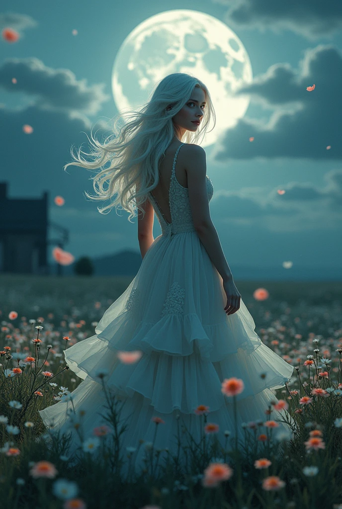 work of art, best qualityer,, 1 girl, (colorfully),(beautiful finely detailed eyes and detailed face),cinematic Lumiereing,shot not bust,Extremely detailed CG 8k unity wallpaper,White hair,standing alone,ssmile,intricate skirt,((flying petal)),(Flowery meadow), sky, Clouded_sky, building, moonlighLumiere, moonligh, natta, (dark theme:1.3), Lumiere, fancy,