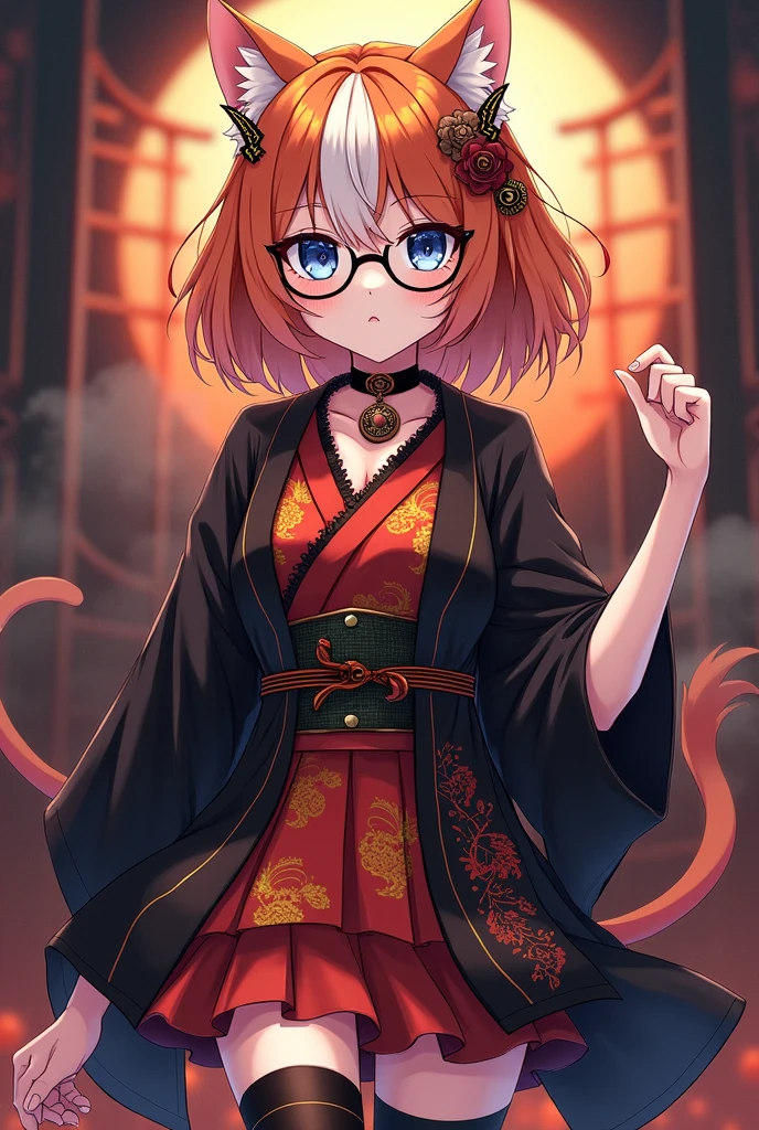  anime girl, orange hair to shoulders wolfcut, white highlights, thin frame round glasses, Take-Mikazuchi, God of Thunder, blue eyes, , cat girl, goth, choker necklace, lightning shaped hair accessories, thigh highs, short shorts, gothic kimono with frills and orange and red design, flat