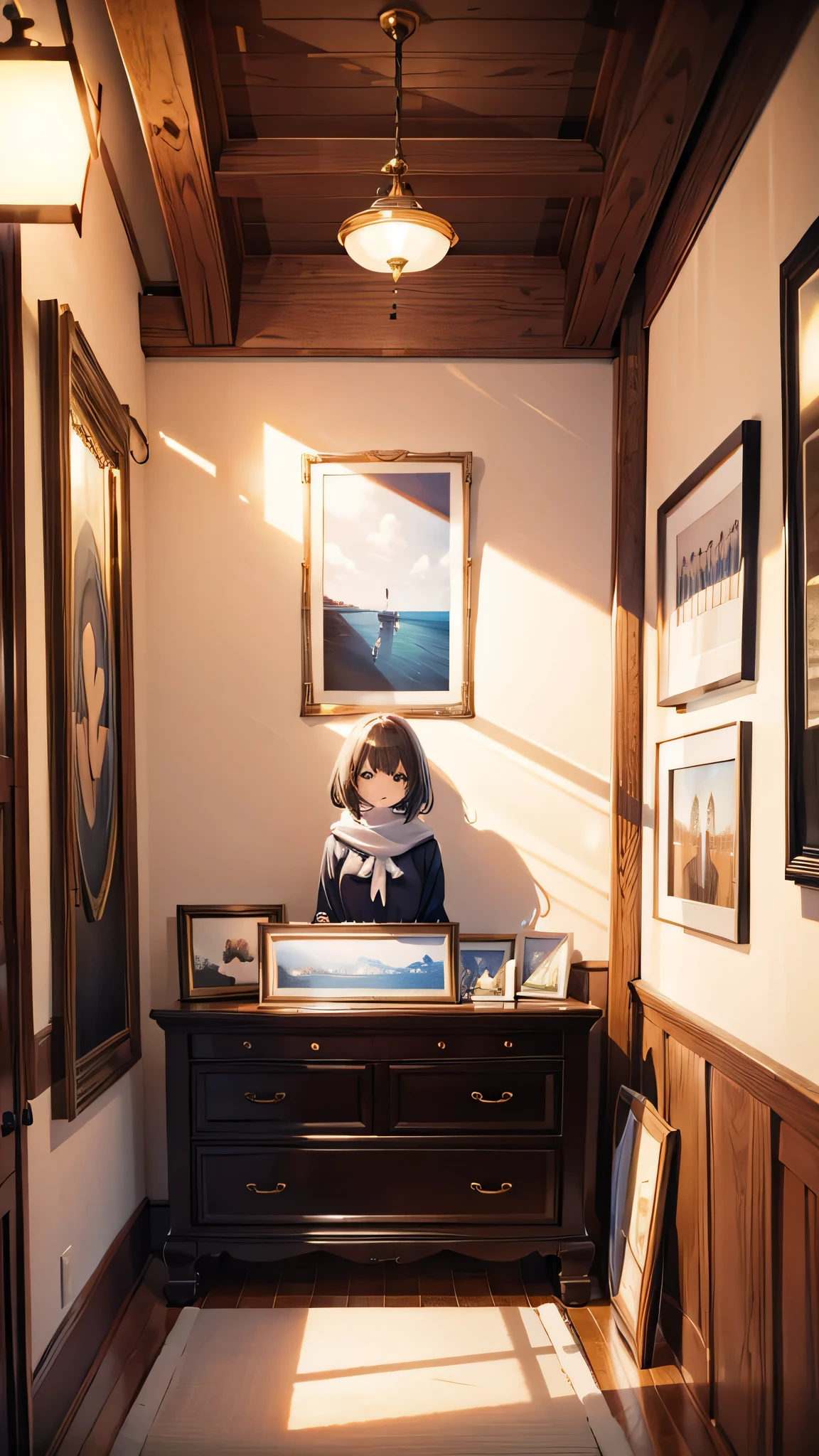 large room、One Girl、Lots of picture frames、There is no picture in the frame