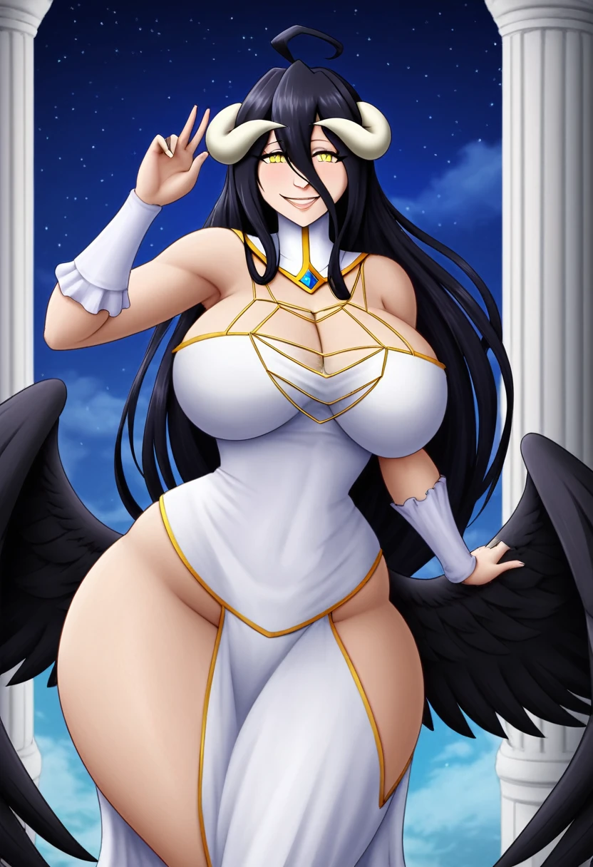 Albedo_Overlord,black hair,white horn,curvy body,big breast,big thighs, wearing original dress, gently smiling, leaning by the pillar,night time,midnight setting,erotic pose, nsfw,((doujin art style)).