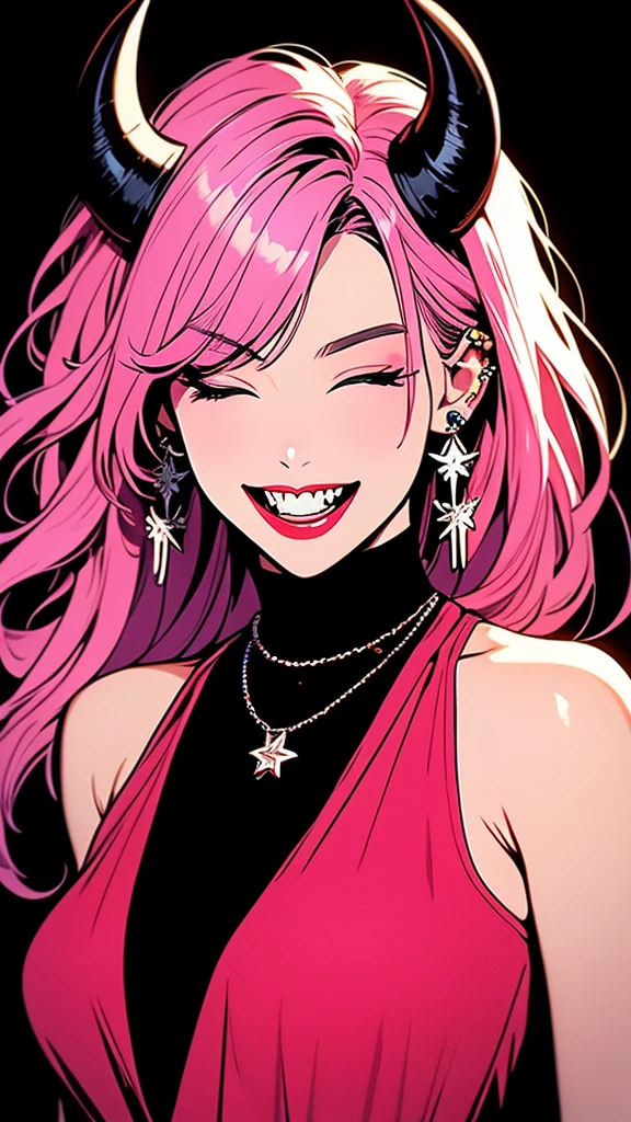 1girl, long detailed hair, horns, pink hair, bangs, smile, open mouth, teeth, sharp teeth, fangs, earrings, one eye closed, looking at viewer, bare shoulders, upper body, breasts, jewelry, tattoo, piercing, ear piercing, chain, black background, simple background