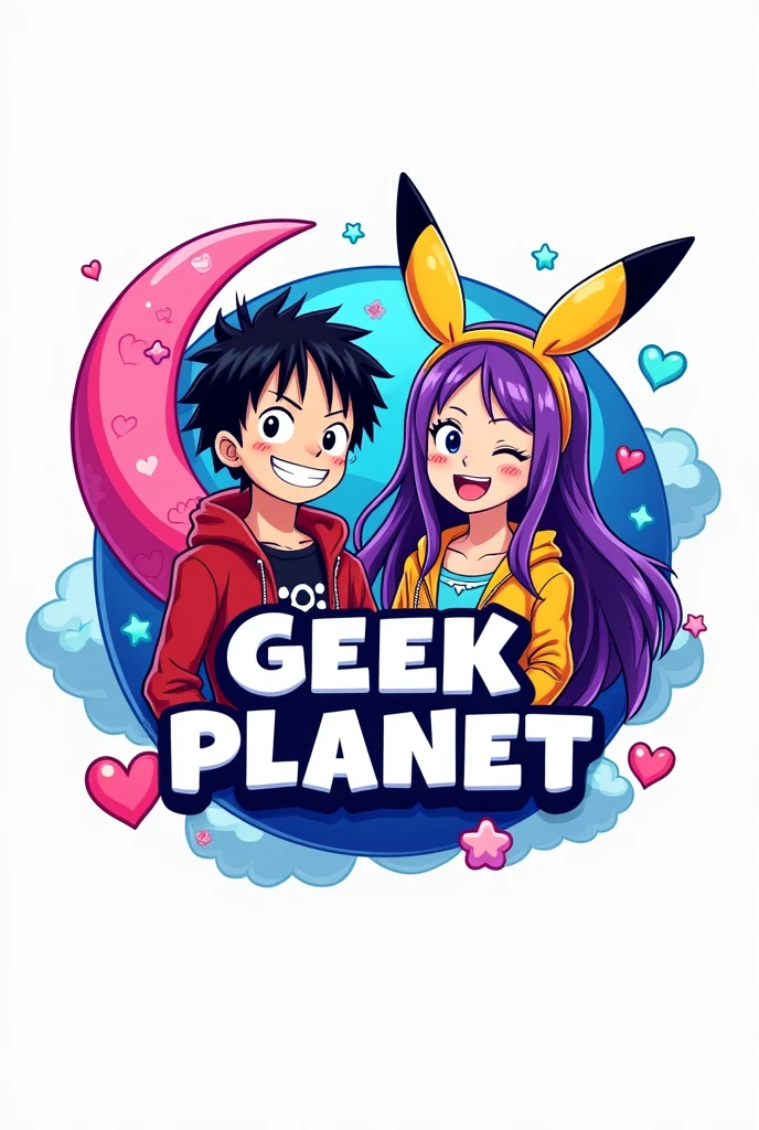 Un logo con un 🌎 en el fondo, the pink and purple crescent moon and star heart symbol in the upper left corner in vivid colors, two anime figures a boy with wavy hair and a girl with straight purple hair with pink tips, Pikachu ears with Pikachu shirt and Luffy's hat from One Piece, and have in the middle part the name geek planet white background