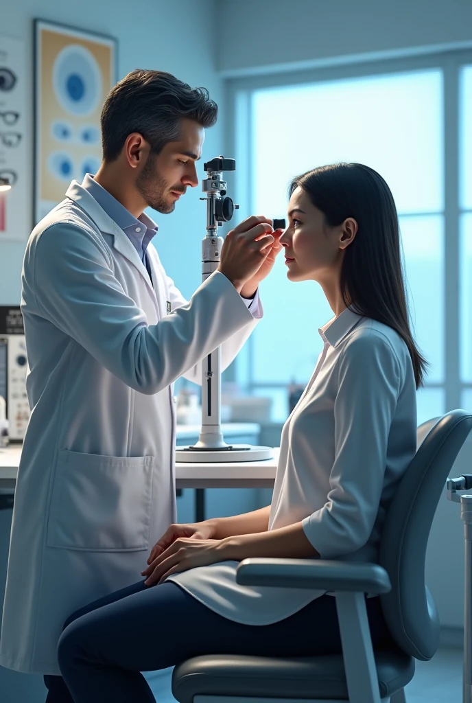 AN OPTOMETRIST PERFORMING AN EYE EXAM ON A PATIENT
