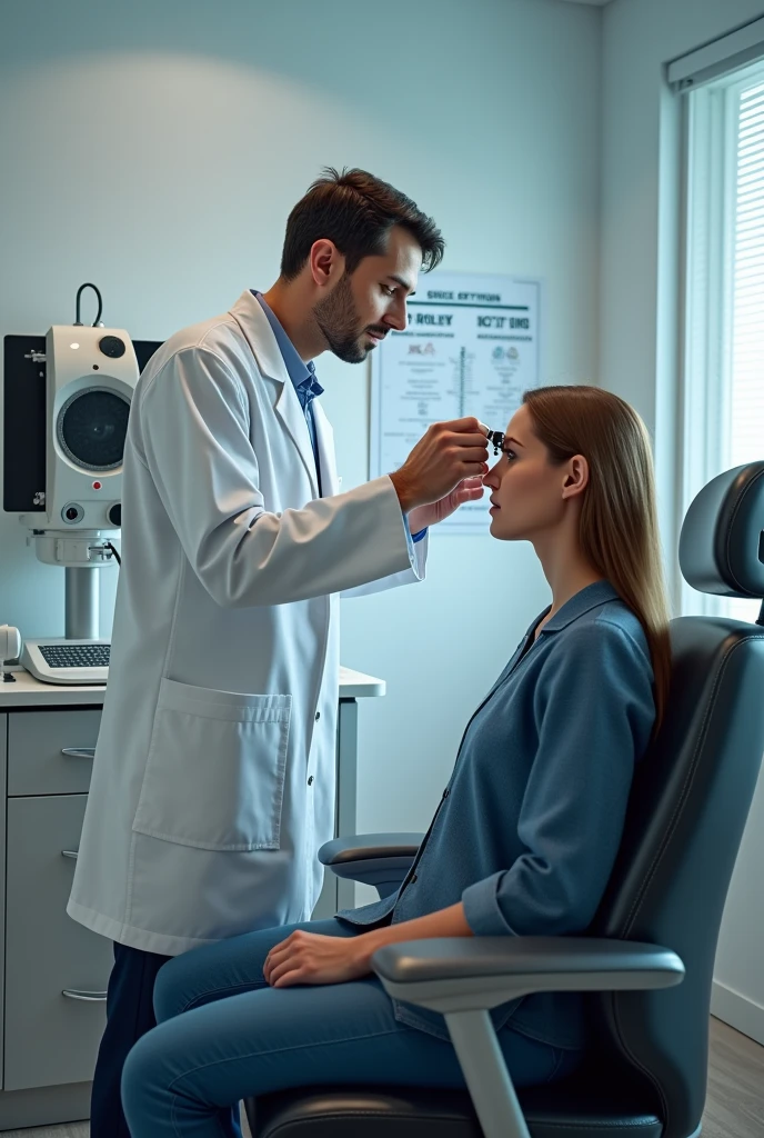 AN OPTOMETRIST PERFORMING AN EYE EXAM ON A PATIENT