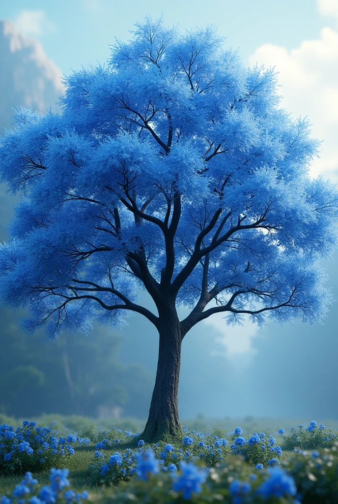 A lush blue blooming ipe tree, exquisite flowers, cinematic atmosphere, 8k resolution, hyperrealistic, stunning natural lighting, vibrant colors, detailed textures, serene landscape, masterful composition, photorealistic quality, bokeh background, sharp focus, intricate details, beauty inspiring