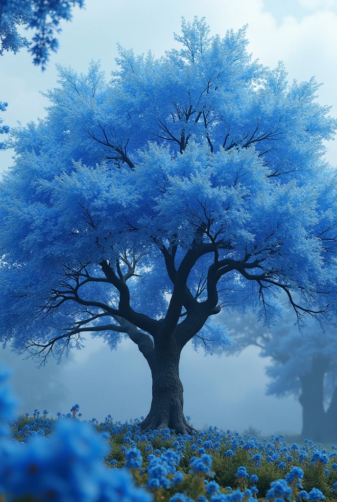 A lush blue blooming ipe tree, exquisite flowers, cinematic atmosphere, 8k resolution, hyperrealistic, stunning natural lighting, vibrant colors, detailed textures, serene landscape, masterful composition, photorealistic quality, bokeh background, sharp focus, intricate details, beauty inspiring