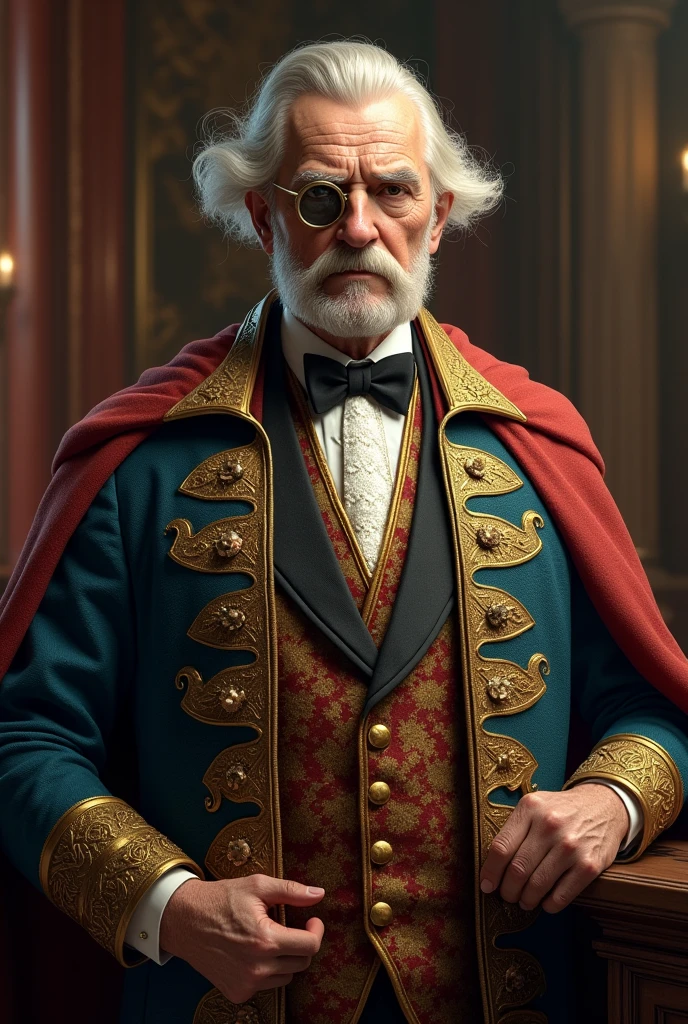 An older man in fancy robes with bushy sideburns and wearing a monocle