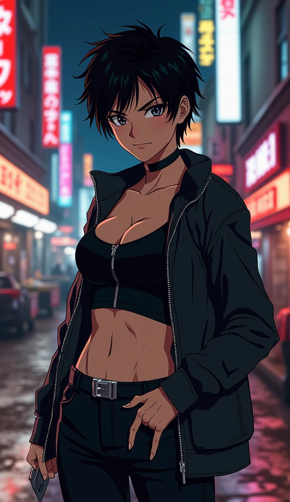 Create a live-action depiction of a gender-swapped Yusuke Urameshi from Yu Yu Hakusho, represented as a real human woman. She has an athletic build with a larger chest, wearing a green, modern streetwear outfit that is form-fitting and emphasizes her toughness. Her short, tousled black hair is styled naturally, framing her face with a smirk that shows her confident and rebellious attitude. The background should be a realistic city street scene at night, with details like graffiti, neon signs, and wet pavement to reflect her street-smart character.