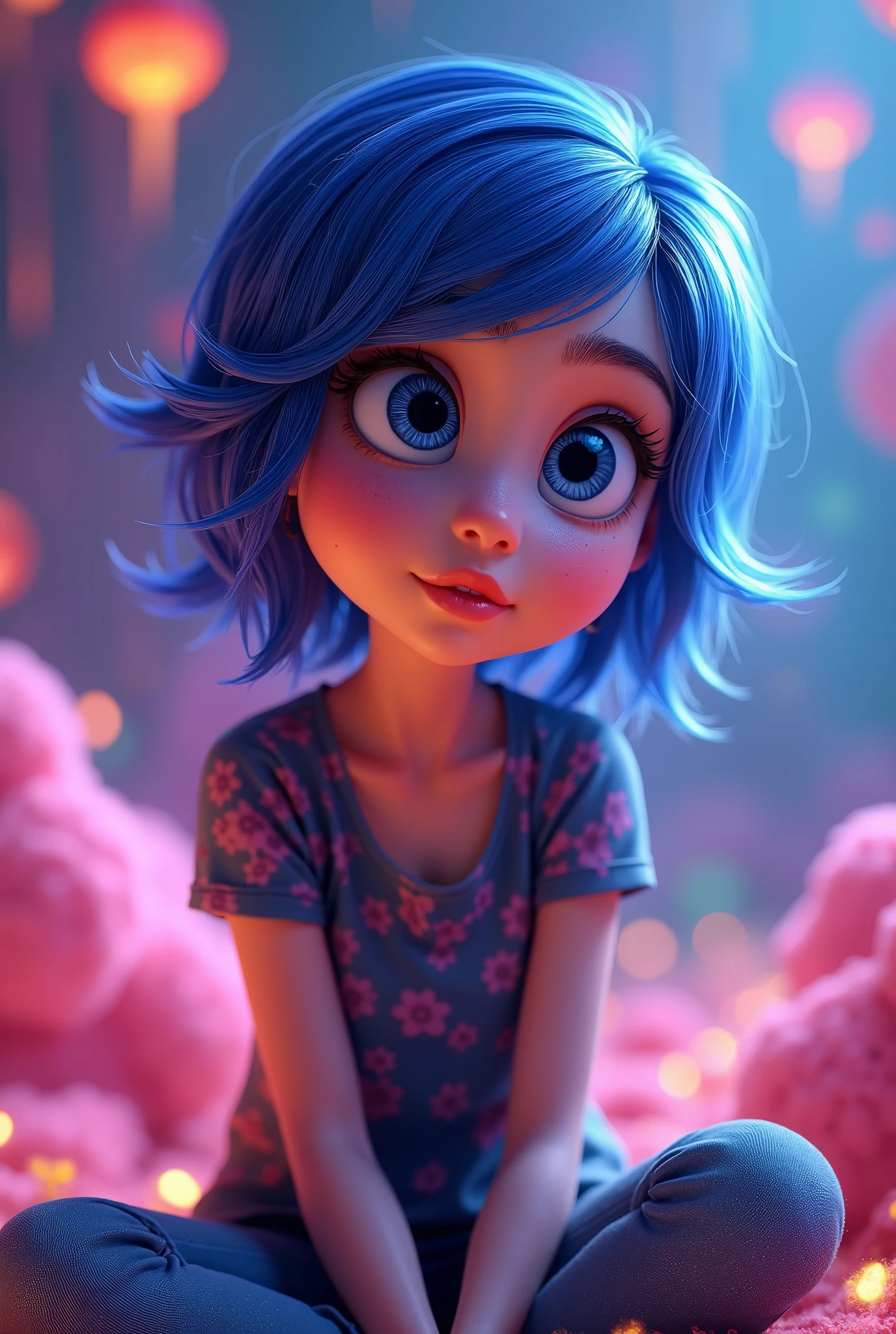 (1girl, disney inside out 2, pixar, 3d, cartoon style, ultra-detailed, intricate details, vivid colors, beautiful face, detailed eyes, delicate features, emotive expression, thoughtful expression, sitting in a colorful mindscape, whimsical imagination, abstract shapes, dreamlike environment, glowing lights, soft lighting, ethereal atmosphere, cinematic composition, masterpiece, best quality, highres)