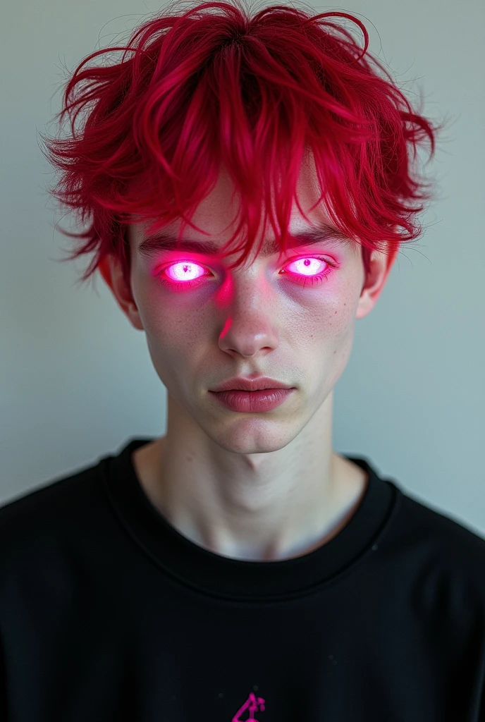 19 year old boy with white skin,
pale skin Messy hair
Bright blood red
Red hair
light pink eyes
Very pink eyes
Pink eyes
Bright Pink eyes
Wearing a black sweatshirt with pink details