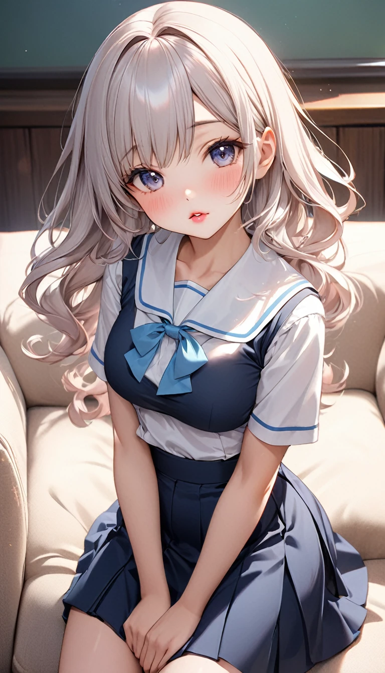 (masterpiece, best quality:1.3), One girl, double hair buns, (ash Hair:1.3), smile, Medium chest, sailor suit, blue ribbon, blue skirt, Particles of light, Speckled sunlight, sitting, on the bed