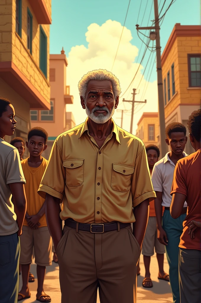 A poster of an older African American person as an example and around more people from his community in a hot place