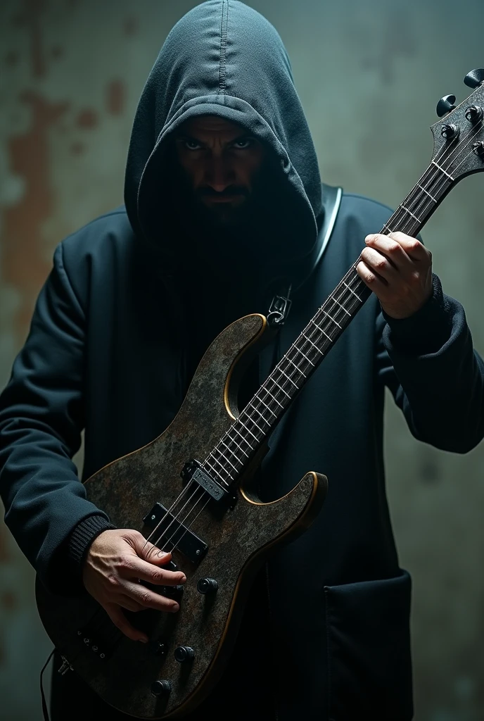 A man with an instrumental bass guitar that has a blade on the body of the instrumental bass guitar