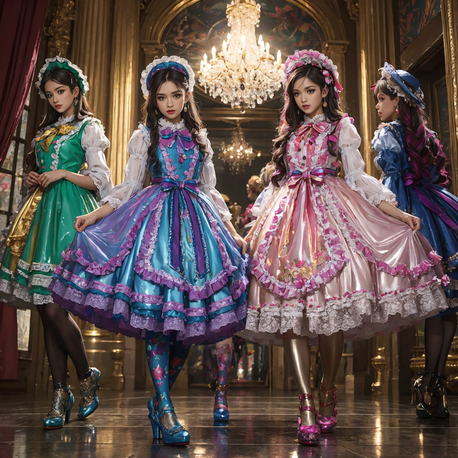 Movie poster composition, on a snowy mountain, Girls from different cultures, Ambilight, Nine-head body, Group photo, ((multicolored))，Three or more girls，Model figure, long-legged woman, A woman in a luxurious and elaborate lolita dress, wearing lolita mary jane shoes with ornate details, patterned tights, (Glossy Reflecting collection), (Glossy Reflecting collection), (Oily shiny)), (Metallic clothes), (Metallic dress), (Metallic tights):1.2)，, Postures vary, with reflective skin and reflective clothing, venusbody,Large movement amplitude, (full body shot), ray tracing, reflection light, chiaroscuro, UHD, masterpiece, anatomically correct, textured skin, super detail, high quality, 4K, highres