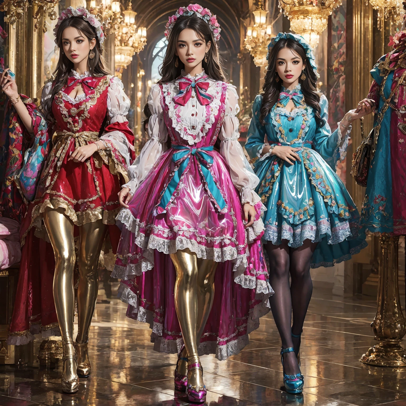 Movie poster composition, on a snowy mountain, Girls from different cultures, Ambilight, Nine-head body, Group photo, ((multicolored))，Three or more girls，Model figure, long-legged woman, A woman in a luxurious and elaborate lolita dress, wearing lolita mary jane shoes with ornate details, patterned tights, (Glossy Reflecting collection), (Glossy Reflecting collection), (Oily shiny)), (Metallic clothes), (Metallic dress), (Metallic tights):1.2)，, Postures vary, with reflective skin and reflective clothing, venusbody,Large movement amplitude, (full body shot), ray tracing, reflection light, chiaroscuro, UHD, masterpiece, anatomically correct, textured skin, super detail, high quality, 4K, highres