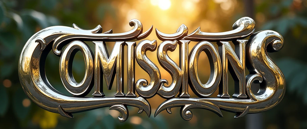 (text:"COMISSIONS") The word, straight view sunlit text face, in Art Nouveau fancy thin script style, shiny highly polished silver chrome and thin coloured glass reflecting a tropical garden, heavy metal art nouveau flowing shapes and flourishes, front face view on open background, logo, badge, emblem, insignia, label, photorealistic, extremely detailed, beautiful, unique, epic, creative, artistic, artisan, expert, finesse,