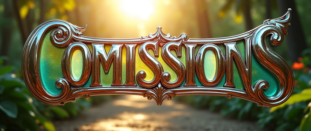 (text:"COMISSIONS") The word, straight view sunlit text face, in Art Nouveau fancy thin script style, shiny highly polished silver chrome and thin coloured glass reflecting a tropical garden, heavy metal art nouveau flowing shapes and flourishes, front face view on open background, logo, badge, emblem, insignia, label, photorealistic, extremely detailed, beautiful, unique, epic, creative, artistic, artisan, expert, finesse,