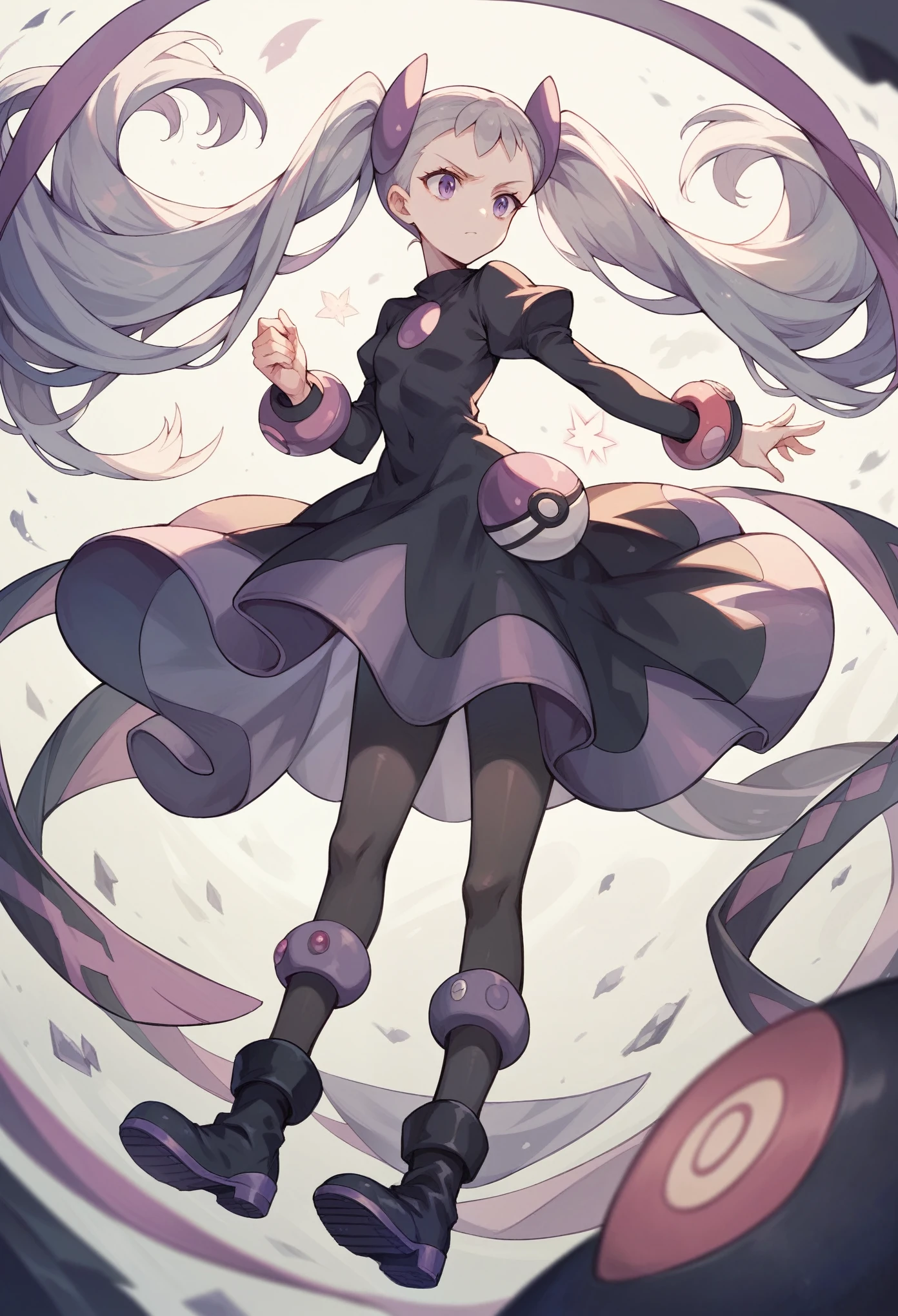 Pokemon trainer, psychic, purple eyes, gray long hair twintails, black dress, black boots, black pantythose, masterpiece
