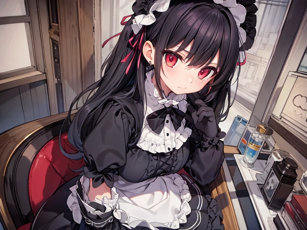 (masterpiece,best quality,ultra detailed,8k:1.2)
aesthetic style,realistic,watercolor,Rococo,dark color,Sushi Shop Background,solo,fog,from above,
Sit on a chair,Eat sushi,1 ,Gothic and Lolita,,angry,cold attitude,Looking up at the sky,red eyes,black hair,blunt bangs,twintail,closed mouth,black Bonnet headdress,Rose Corsage,Earrings,scarf,(Gothic Lolita dress:1.2),(bib collar:1.1),puff sleeve,Cross embroidery,Full skirt decorated with lace and ribbons,(Voluminous frill skirt:1.3),(panier:1.2),(long skirt:1.2),Corset,jackets,Lace gloves,Lace-up boots,(frill,ribbon,lace:1.4),(cross symbol:1.1),Silver Jewelry,Skull Accessories,belt,Black Feather,Holding chopsticks,