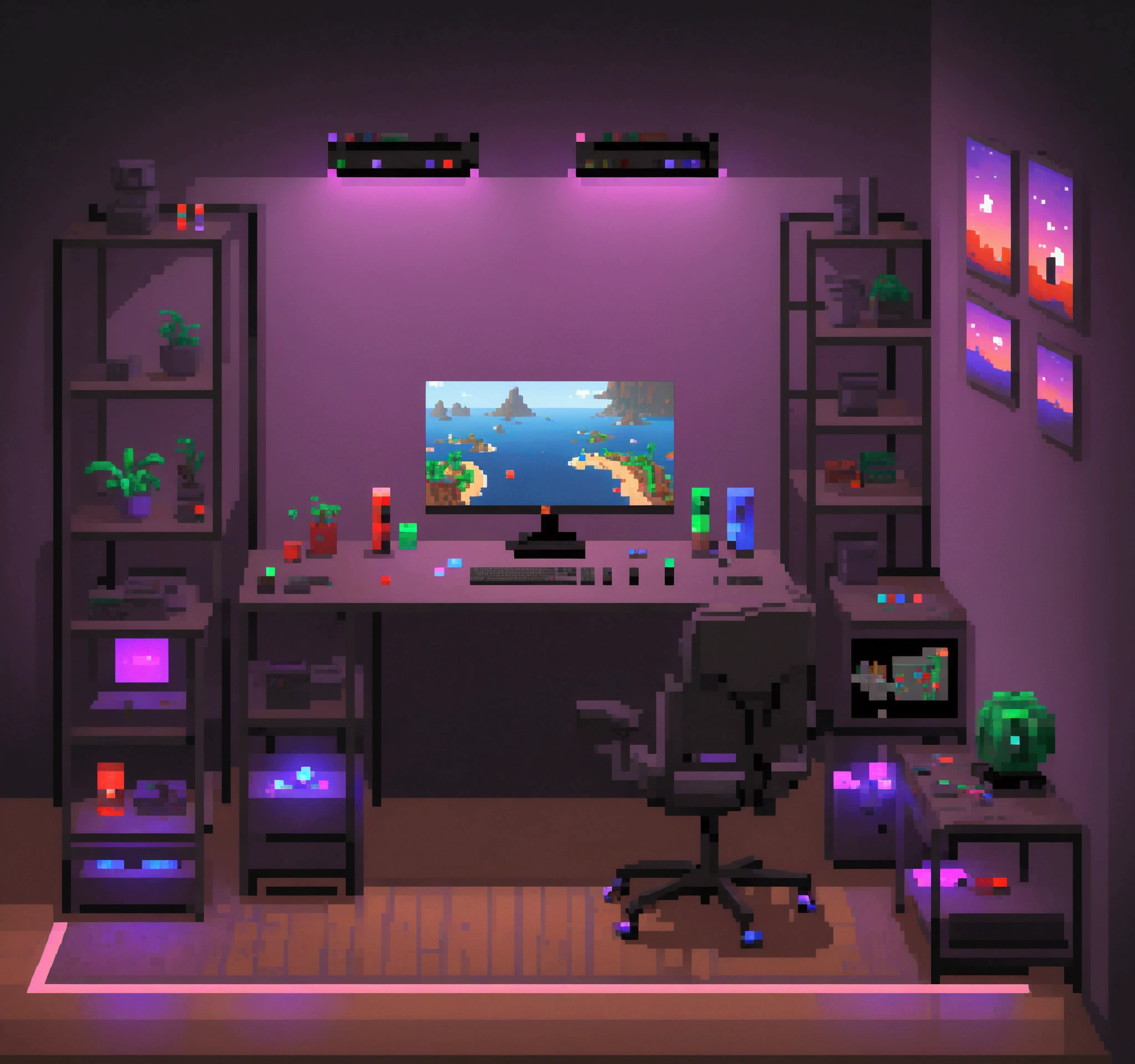 dark gamer room with pixel art style LEDs with hands on the table, good details, desk objects,