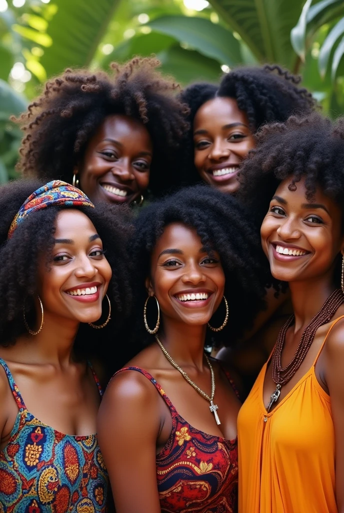 créer une image de cinq copines voulant mettre en valeur leur beaux cheveux crépus, elles sont des afro haïtienne, avec des perles, charbonniers, boucles d'oreilles ankh, habits traditionnels folklorique. Elles marchent dans le jardin botanique très coloré de Martissant, Haïti. avec sa amie Jesula, afro haïtienne, cheveux crépus avec un barrette coloré bien habillé, elles sont très joyeuses. Sachant que Atabey vodouisante et Jesula protestante. Titre du livre "Les cinq copines pour la vie".