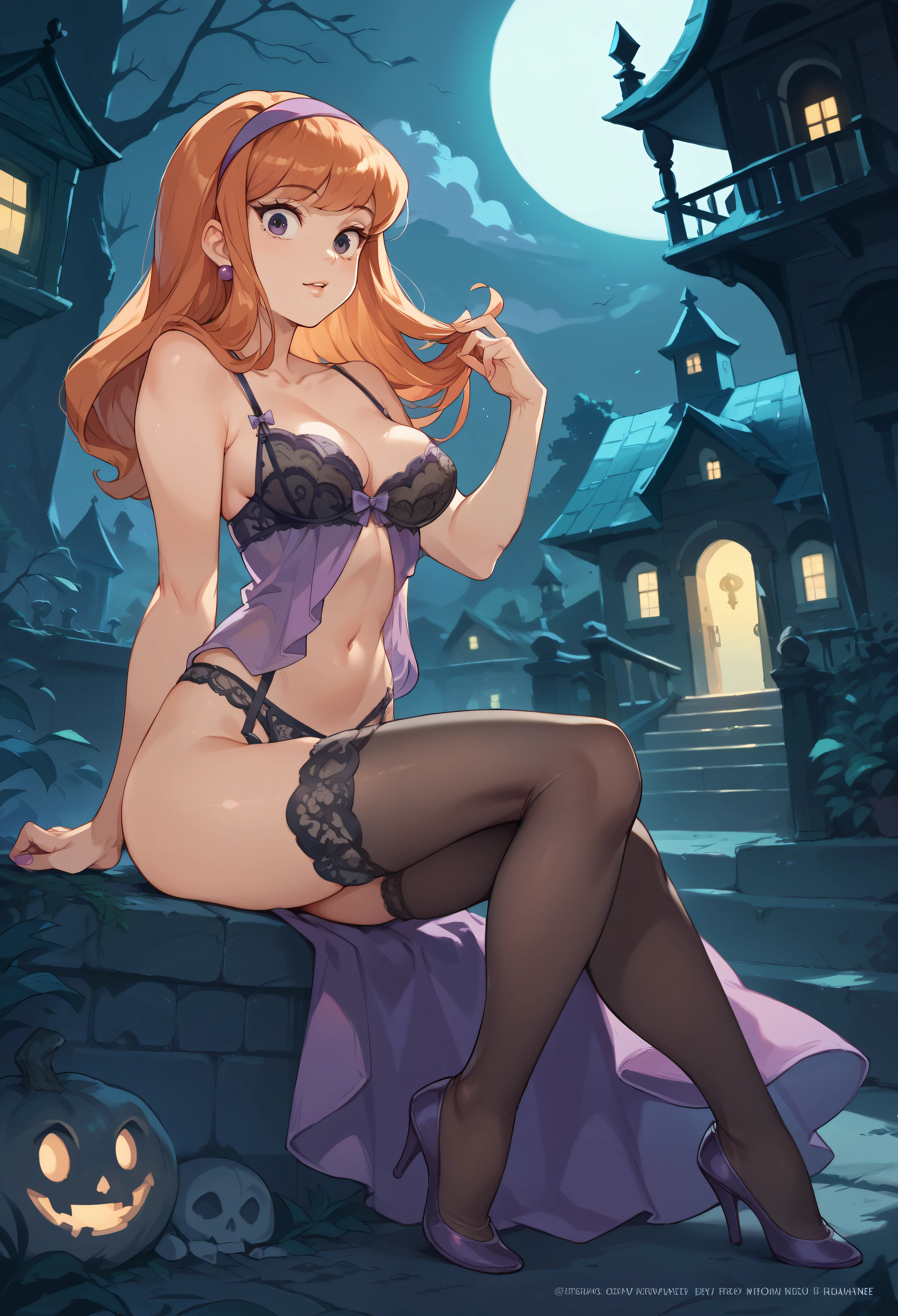 (Daphne Blake, lingerie), full body, in a spooky haunted house