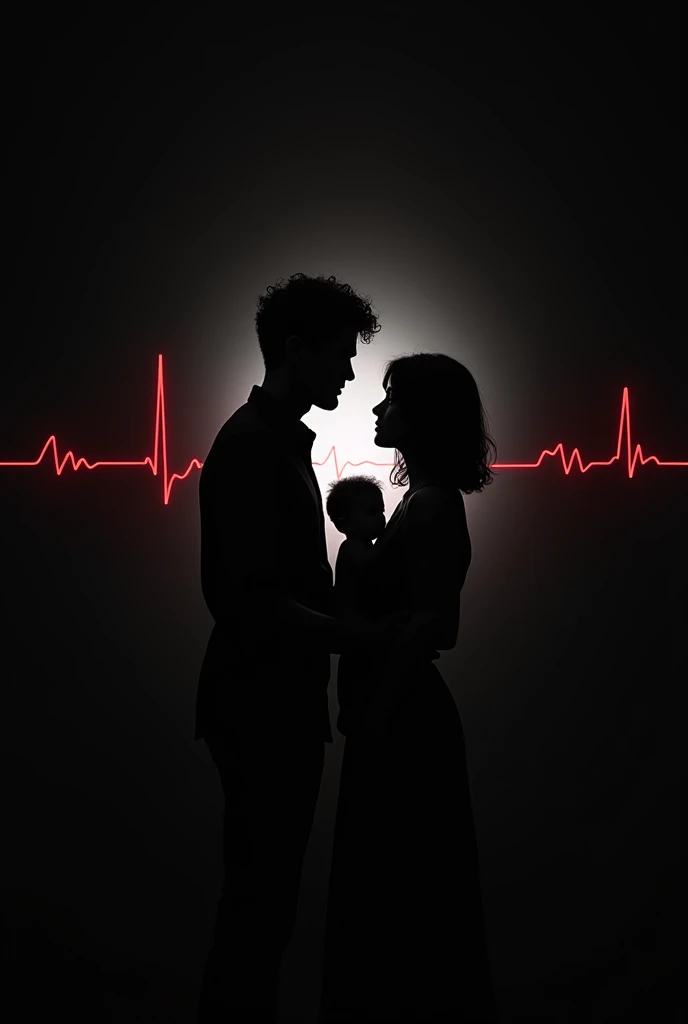 black and white silhouette, red heartbeat line, dark background, In the middle of the heartbeat line a family is formed, dad short curly hair, Mom with straight shoulder length hair and a 3 month old female baby, dark fantasy