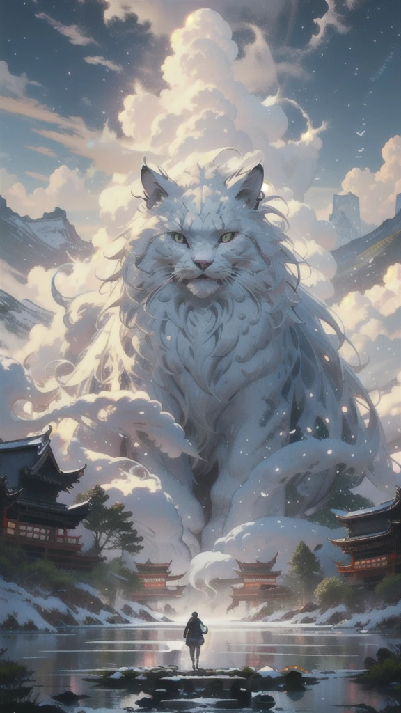 BJ_Sacgreen_bEast,green_eye,Outdoor,Horn,null,cloud,no_human,bird,cloudy_null,scenery,stage,Fantasy,Norwegian Forest Cat,architecture,East_Asian_architecture,Eastern_Norwegian Forest Cat,Cinema Lighting,Strong contrast,High level of detail,Highest quality,masterpiece,