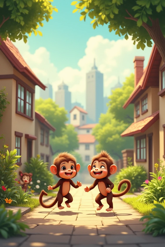 a family of poor but happy little monkeys in the suburbs of a city
