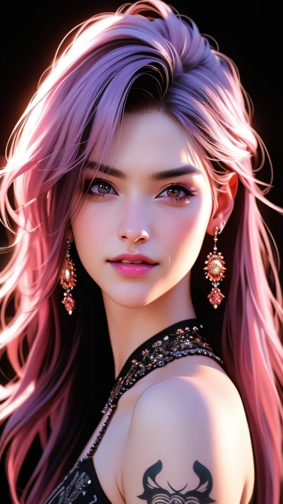 1girl, long detailed hair, horns, pink hair, bangs, smile, open mouth, teeth, sharp teeth, fangs, earrings, one eye closed, looking at viewer, bare shoulders, upper body, breasts, jewelry, tattoo, piercing, ear piercing, chain, black background, simple background, (best quality,4k,8k,highres,masterpiece:1.2),ultra-detailed,(realistic,photorealistic,photo-realistic:1.37),highly detailed face, detailed eyes, detailed lips, extremely detailed, extremely detailed facial features, extremely detailed skin, extremely detailed hair, hyper detailed, intricate details, extremely vivid colors, vibrant colors, cinematic lighting, dramatic lighting, dramatic shadows