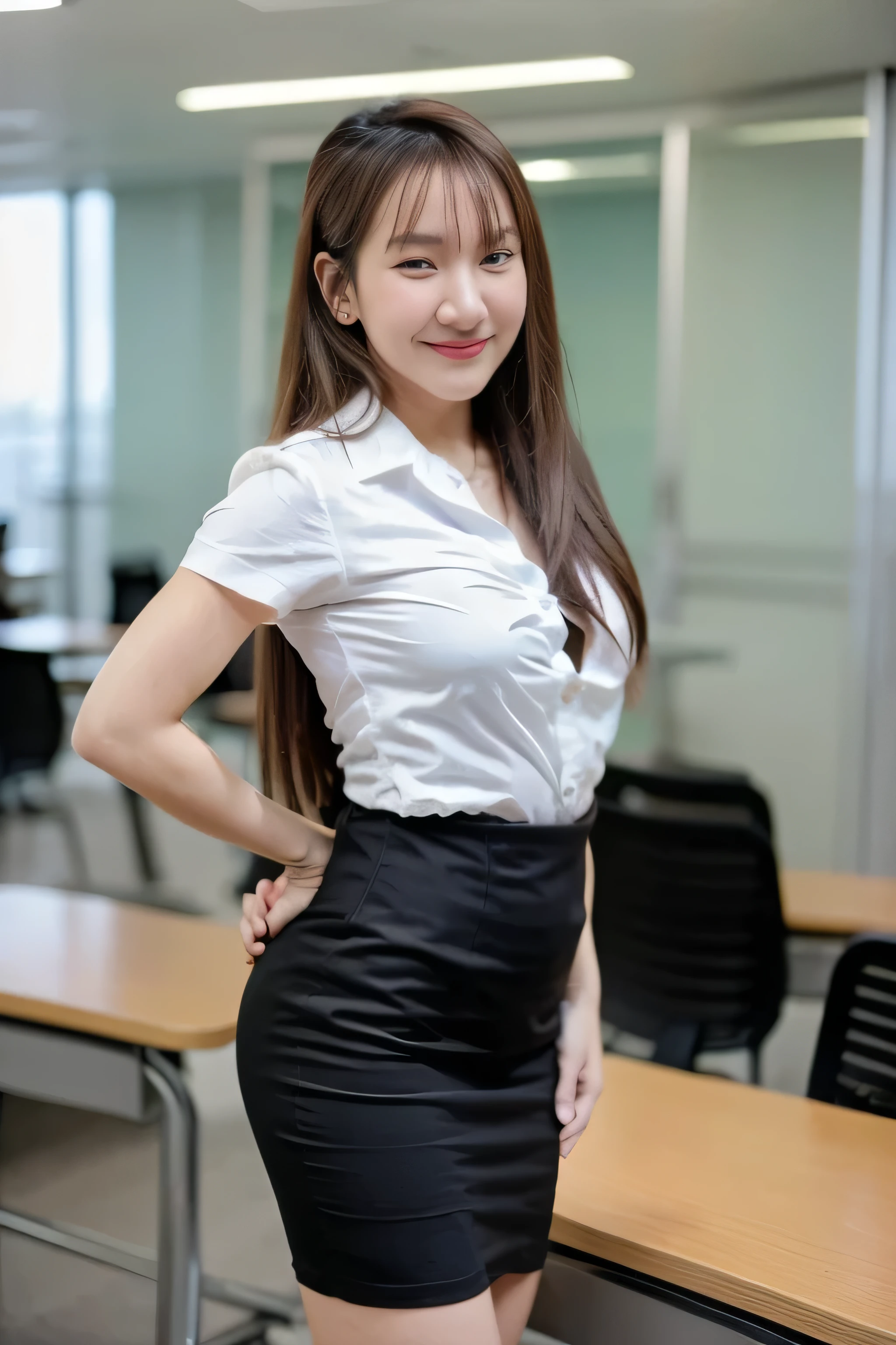 Close up,1 girl{{A beautiful woman wearing a white short-sleeved shirt and a short black pencil skirt}} , standing, sexy pose.  with several lecture tables set up behind it  There is a sliding glass window.  There was evening light streaming into the room.