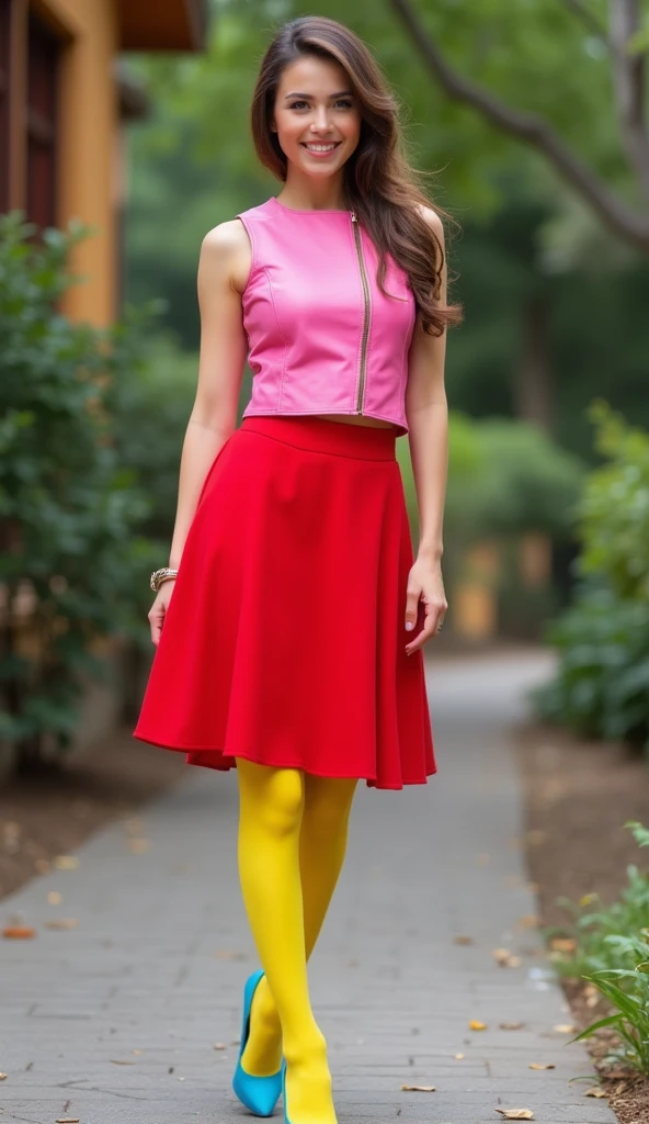 Charming young woman with pink leather top, red skirt, yellow stockings and blue heels.