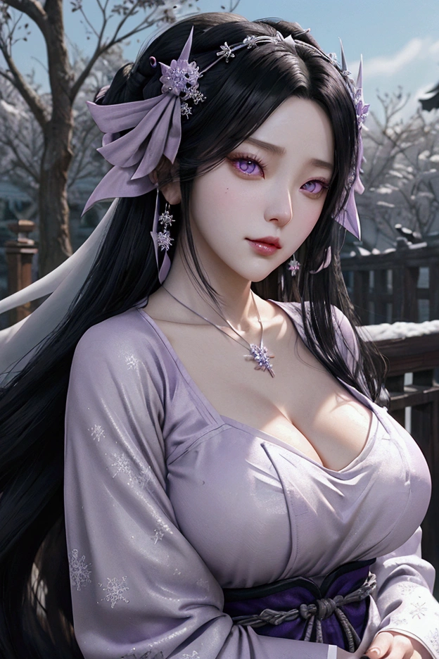 evil anime human woman. half-up long black hair. fair skin. purple eyes. gigantic boobs. Modest Wuxia clothes. snowflake necklace. mauve smirking lips. Realism style. 3D anime model style. CGI animation. Wuxia style. Frosted Garden background.