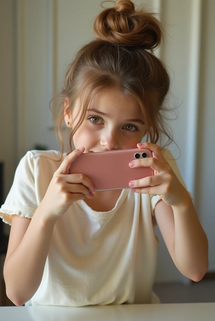It's so cute, Light brown hair bun, whole body, It makes it look like you're taking a picture with your phone in front of a mirror, It's like the real thing