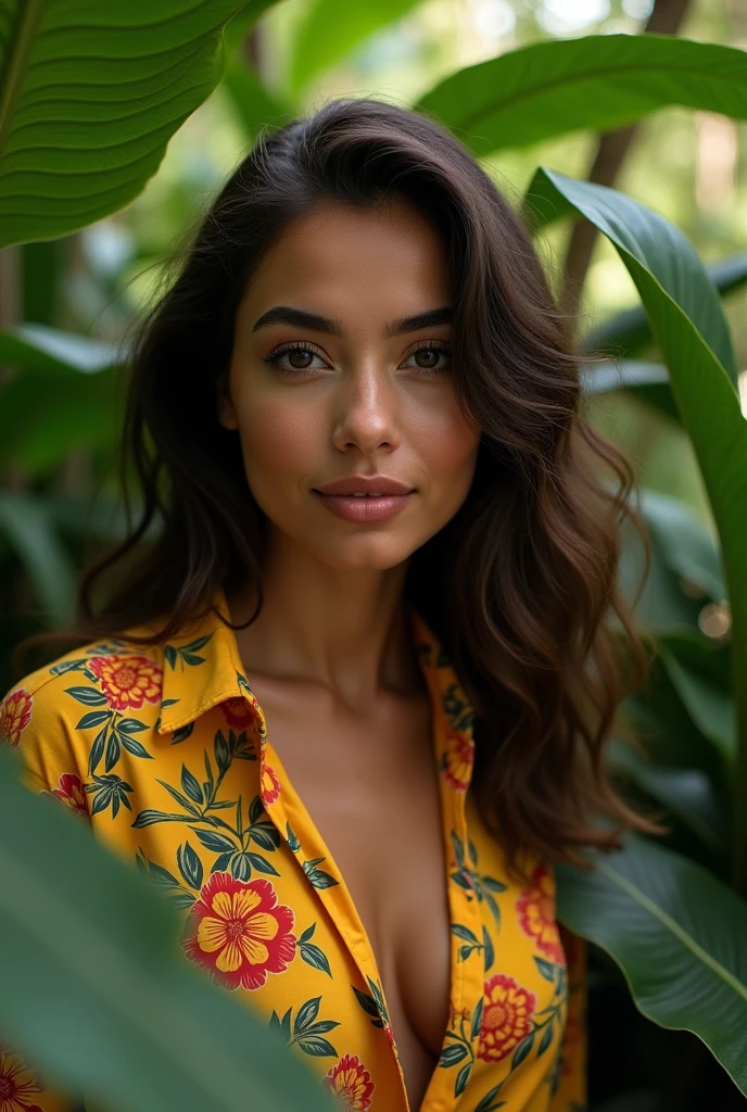 A Brazilian woman in a lush tropical garden, wearing an open shirt with a floral print, with a close-up capturing the harmonious beauty between her breasts and the natural flowers, showing off your natural charm and outgoing personality.