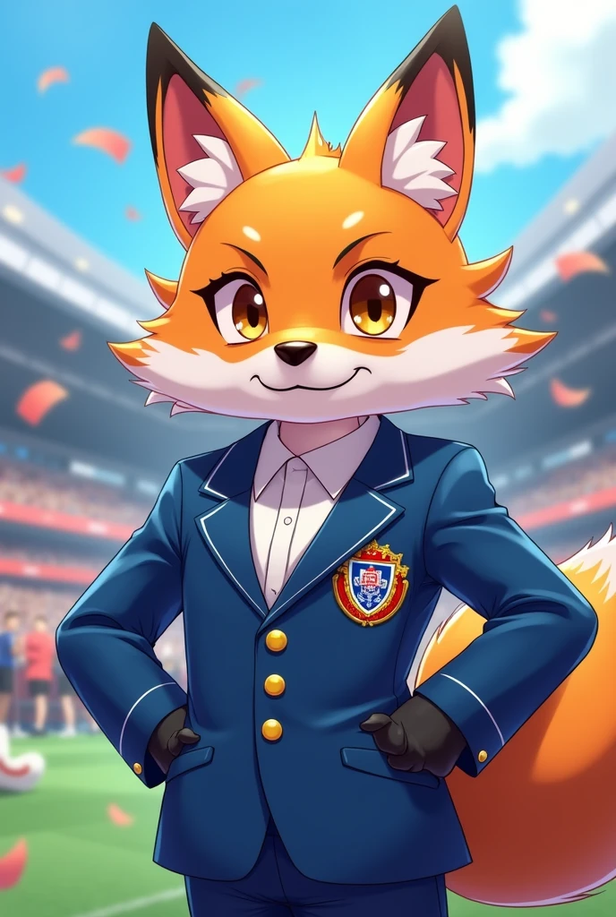 Generates an image of a person dressed as a fox as the mascot of the JUNIN high-performance school With the blue blazer representing the COAR JUNIN