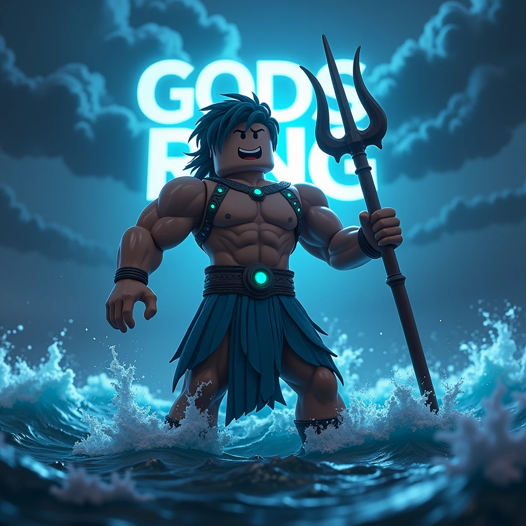 Posidon with his trident fighting a strom at night as a roblox character and hide his nipples ( add text saying “gods of rng” in the background and make it big)