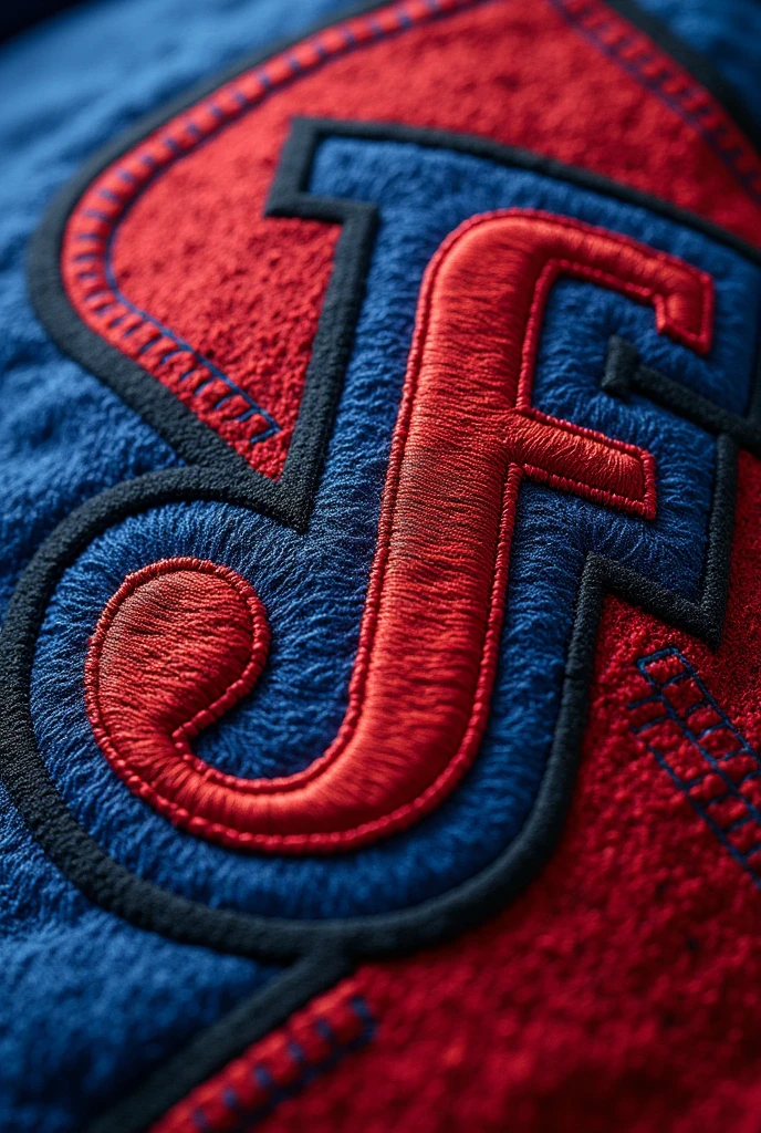 Create art without using the letters JF and use fonts with a square finish, in red and blue colors to be embroidered on clothing