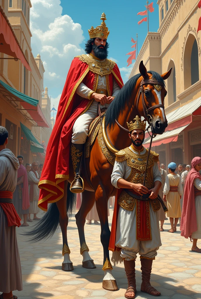 A Persian king riding a horse, in front of the horse a Persian officer holding the horse and in the background a Persian market 