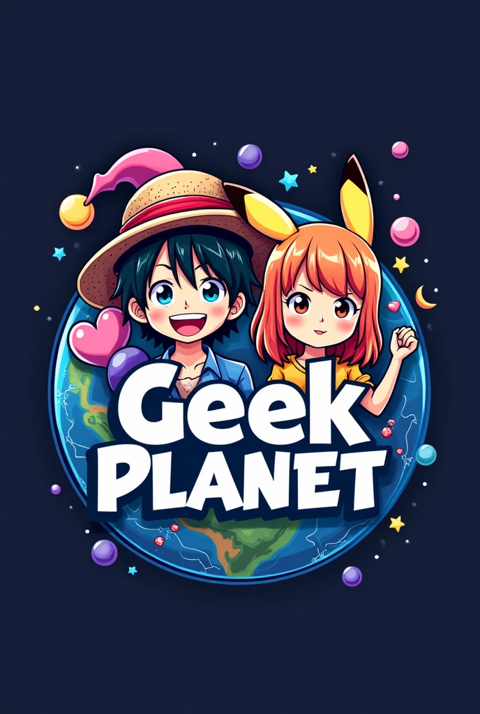 Un logo con un 🌎 en el fondo, combined with the pink and purple crescent moon heart star symbol in the upper left corner of vivid colors, two anime figures a boy with wavy hair and a girl with straight hair, Pikachu ears with Pikachu shirt and Luffy's hat from One Piece, and have in the middle part the name geek planet white background
