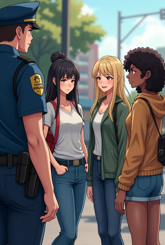 four girls talking to a police officer nervously ( one with long straight black hair, another black hair tied in a bun, another a preppy blonde and the other a curly brunette