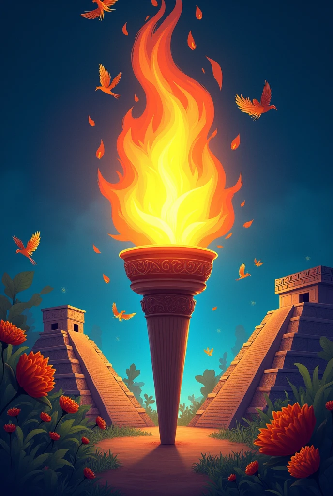 unite in a single image the national symbols of Guatemala but in the center place an animated torch, for children