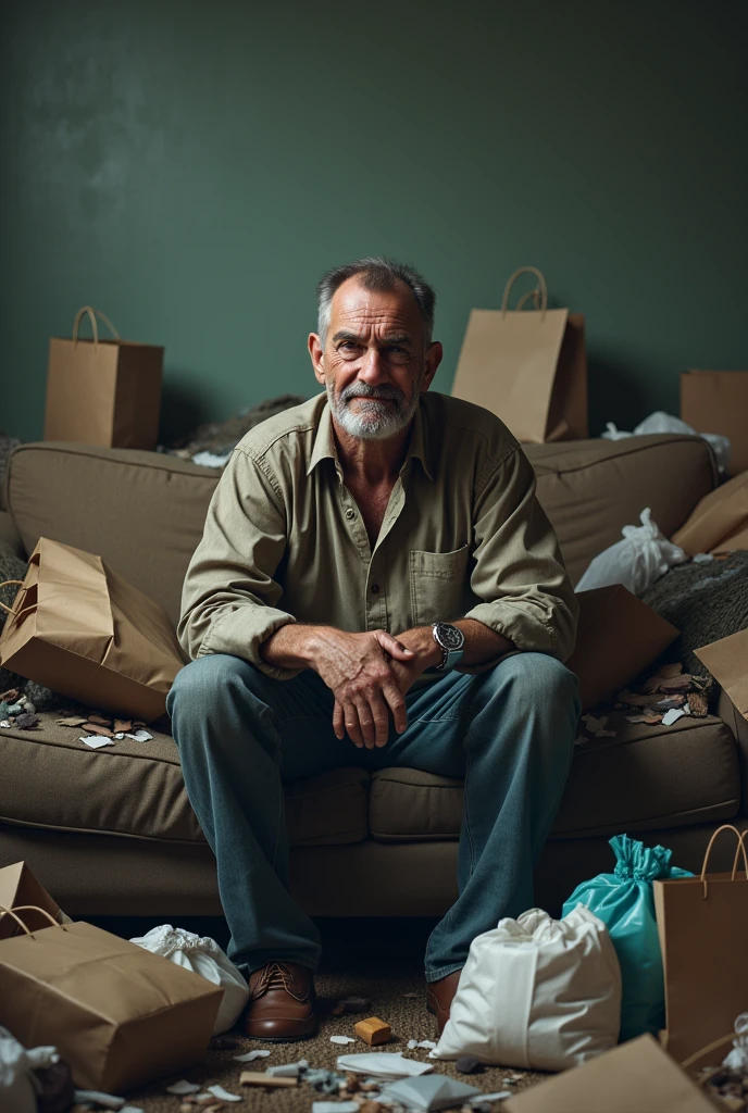 Man smiling sadly on a sofa with lots of shopping bags and trash