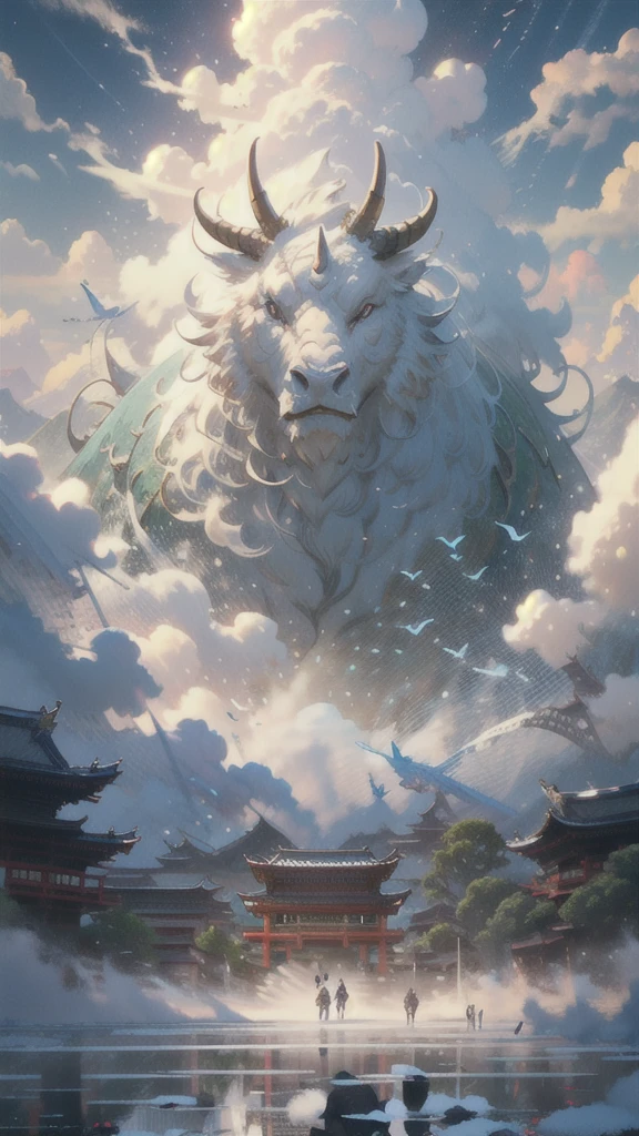 BJ_Sacgreen_bEast,green_eye,Outdoor,Horn,null,cloud,no_human,bird,cloudy_null,scenery,stage,Fantasy,Nyotai,architecture,East_Asian_architecture,Eastern_Female body,Cinema Lighting,Strong contrast,High level of detail,Highest quality,masterpiece,